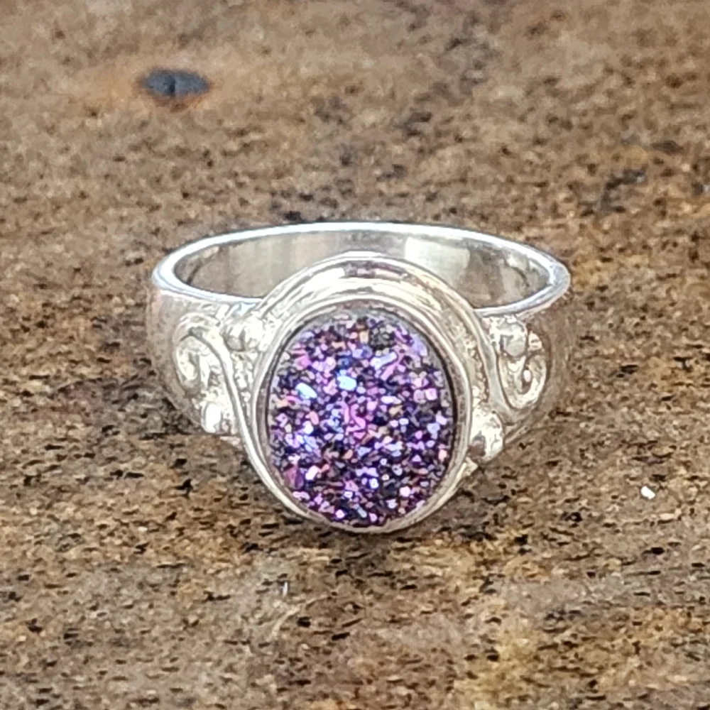 Dazzling Sterling Silver Sajen Druzy Quartz Purple Glitter Ring Sz 6.5 Jewelry